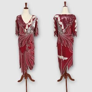 80s Vintage Beaded Silk Art Deco Skirt Set Red Size Medium